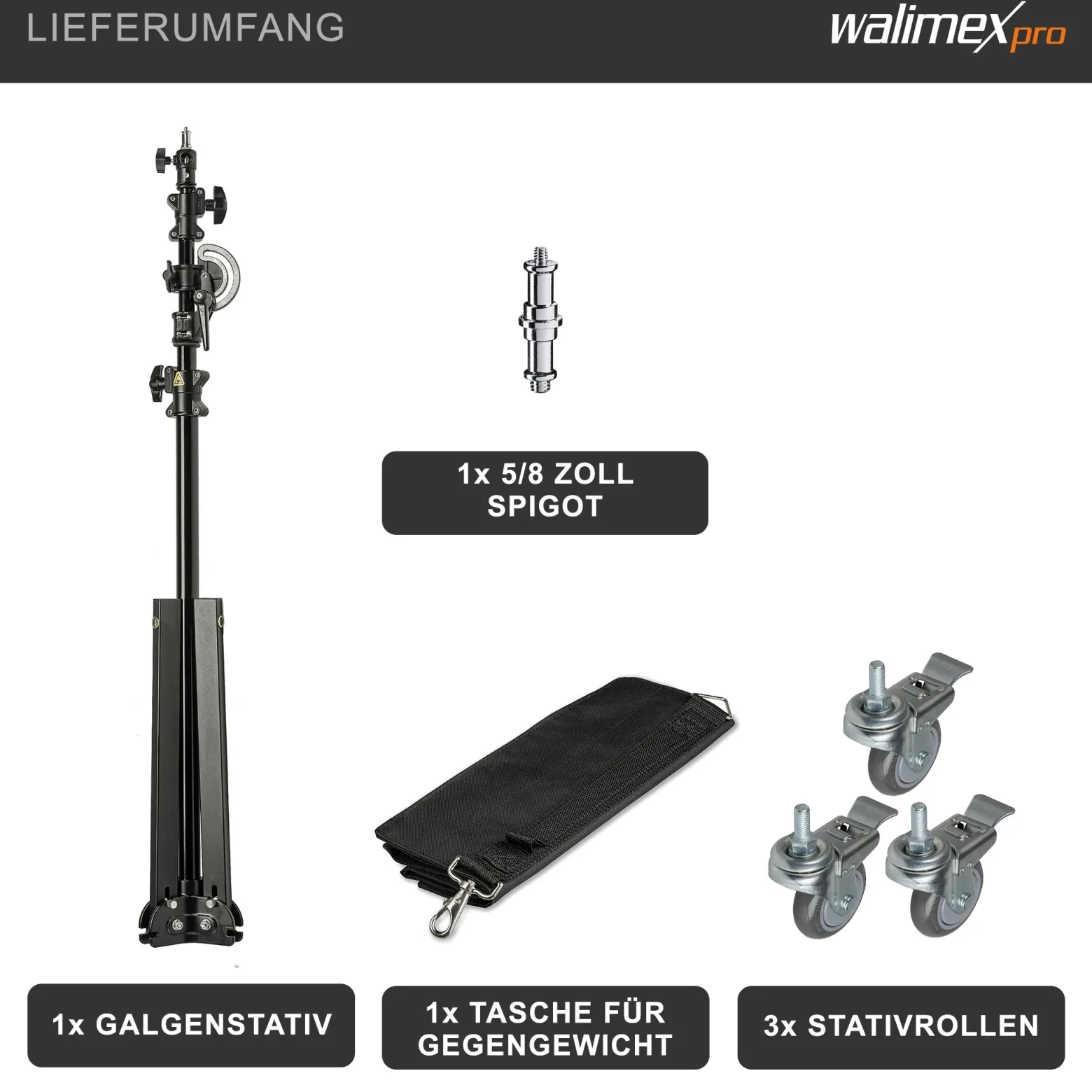 Walimex pro Galgenstativ mit Rollen, stabiles Lampenstativ höhenverstellbar 130-390 cm, ausziehbarer Teleskoparm 115-215 cm, für Softboxen und Reflektoren