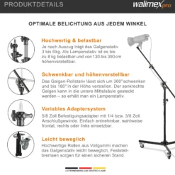 Walimex pro Galgenstativ mit Rollen, stabiles Lampenstativ höhenverstellbar 130-390 cm, ausziehbarer Teleskoparm 115-215 cm, für Softboxen und Reflektoren