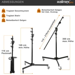 Walimex pro Galgenstativ mit Rollen, stabiles Lampenstativ höhenverstellbar 130-390 cm, ausziehbarer Teleskoparm 115-215 cm, für Softboxen und Reflektoren
