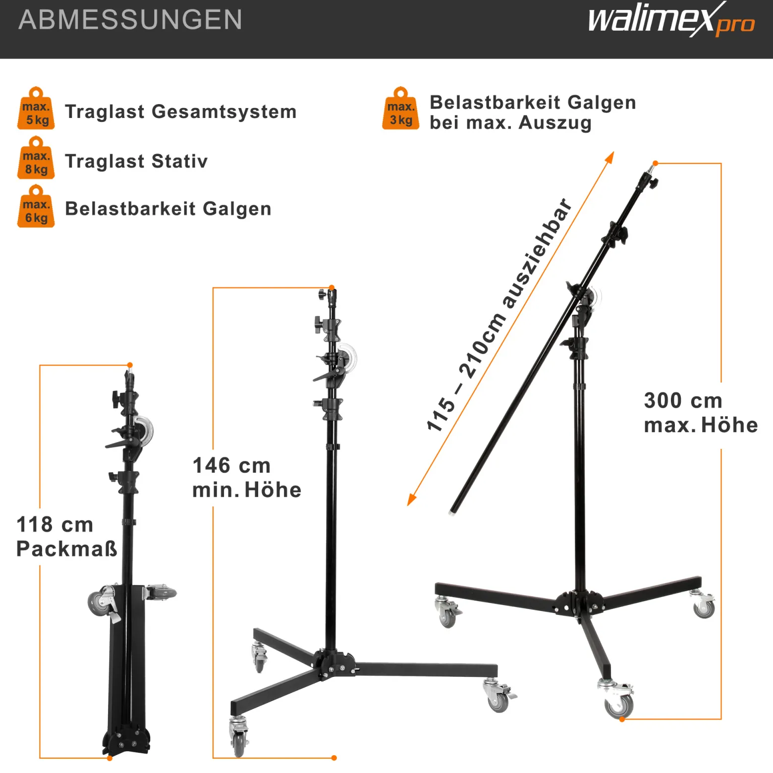 Walimex pro Galgenstativ mit Rollen, stabiles Lampenstativ höhenverstellbar 130-390 cm, ausziehbarer Teleskoparm 115-215 cm, für Softboxen und Reflektoren