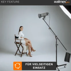 Walimex pro Galgenstativ mit Rollen, stabiles Lampenstativ höhenverstellbar 130-390 cm, ausziehbarer Teleskoparm 115-215 cm, für Softboxen und Reflektoren
