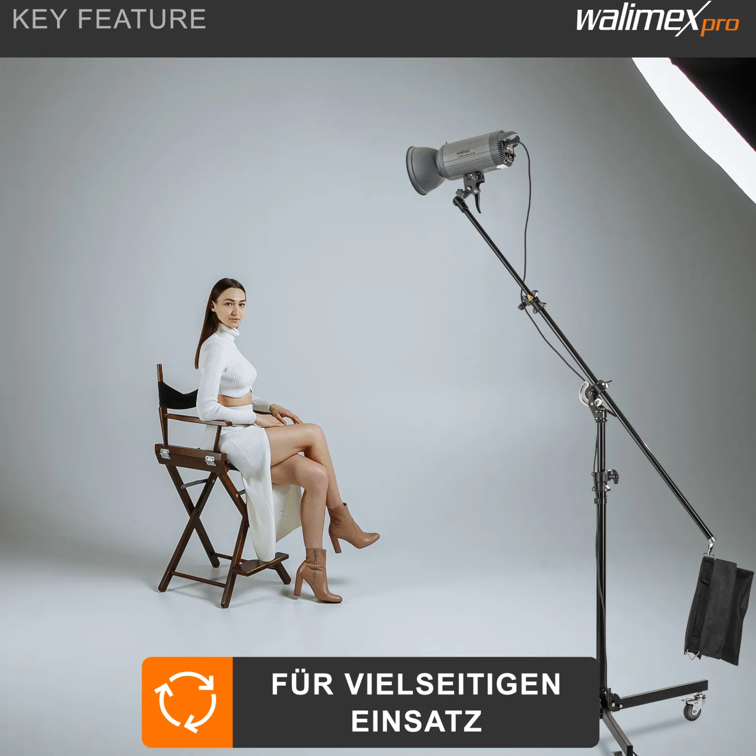Walimex pro Galgenstativ mit Rollen, stabiles Lampenstativ höhenverstellbar 130-390 cm, ausziehbarer Teleskoparm 115-215 cm, für Softboxen und Reflektoren
