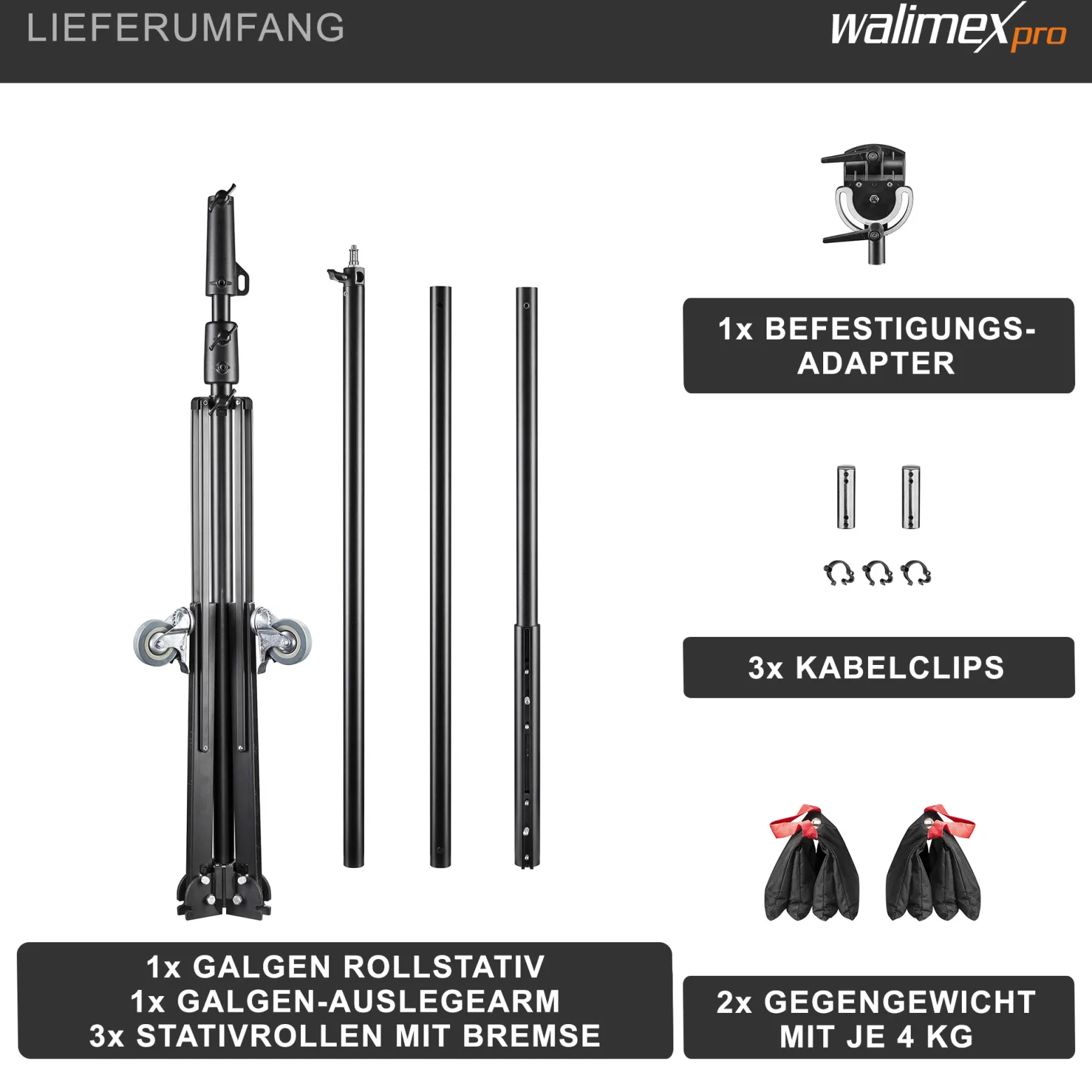 Walimex pro Galgenstativ mit Rollen und Gegengewicht Schwarz, höhenverstellbares Dreibeinstativ 140-450 cm, Kamerastativ mit 290 cm Auslegearm drehbar und neigbar auch für schweres Equipment