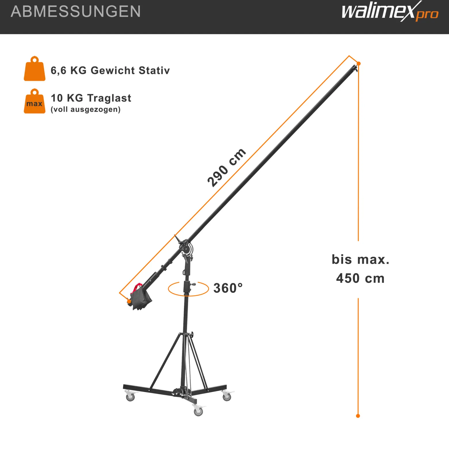 Walimex pro Galgenstativ mit Rollen und Gegengewicht Schwarz, höhenverstellbares Dreibeinstativ 140-450 cm, Kamerastativ mit 290 cm Auslegearm drehbar und neigbar auch für schweres Equipment