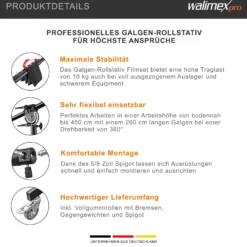 Walimex pro Galgenstativ mit Rollen und Gegengewicht Schwarz, höhenverstellbares Dreibeinstativ 140-450 cm, Kamerastativ mit 290 cm Auslegearm drehbar und neigbar auch für schweres Equipment