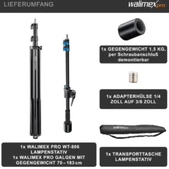 Walimex pro Galgenstativ mit Arbeitshöhe 115-400cm und 1,5 kg Gegengewicht, Lichtstativ mit variablem Auslegearm 70-183 cm, Lampenstativ 256 cm, Federdämpfung und 6 kg Traglast