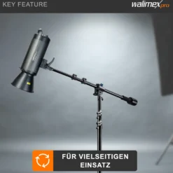 Walimex pro Galgenstativ mit Arbeitshöhe 115-400cm und 1,5 kg Gegengewicht, Lichtstativ mit variablem Auslegearm 70-183 cm, Lampenstativ 256 cm, Federdämpfung und 6 kg Traglast