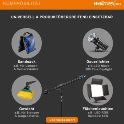 Walimex pro Galgenstativ mit Arbeitshöhe 115-400cm und 1,5 kg Gegengewicht, Lichtstativ mit variablem Auslegearm 70-183 cm, Lampenstativ 256 cm, Federdämpfung und 6 kg Traglast