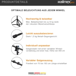 Walimex pro Galgenstativ mit Arbeitshöhe 115-400cm und 1,5 kg Gegengewicht, Lichtstativ mit variablem Auslegearm 70-183 cm, Lampenstativ 256 cm, Federdämpfung und 6 kg Traglast