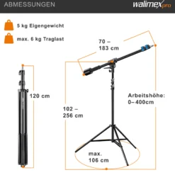 Walimex pro Galgenstativ mit Arbeitshöhe 115-400cm und 1,5 kg Gegengewicht, Lichtstativ mit variablem Auslegearm 70-183 cm, Lampenstativ 256 cm, Federdämpfung und 6 kg Traglast