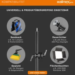Walimex pro Galgenstativ mit Teleskoparm 120–220 cm und Beschwerungstasche, höhenverstellbares Lampenstativ bis 460 cm, Lichtstativ für Blitzgeräte, Softboxen, LED-Leuchten und Reflektoren