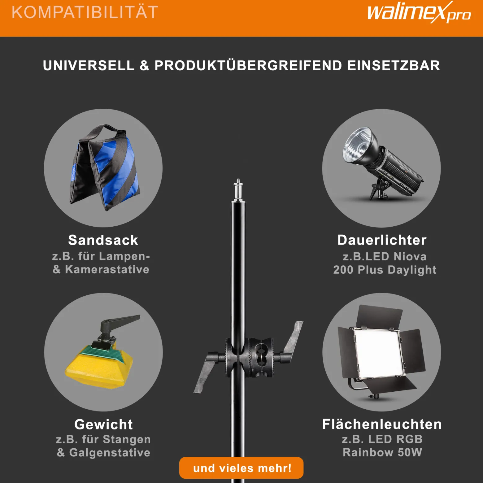 Walimex pro Galgenstativ mit Teleskoparm 120–220 cm und Beschwerungstasche, höhenverstellbares Lampenstativ bis 460 cm, Lichtstativ für Blitzgeräte, Softboxen, LED-Leuchten und Reflektoren