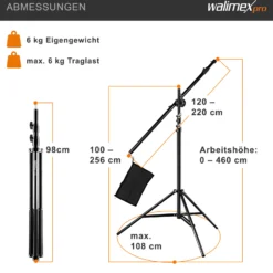 Walimex pro Galgenstativ mit Teleskoparm 120–220 cm und Beschwerungstasche, höhenverstellbares Lampenstativ bis 460 cm, Lichtstativ für Blitzgeräte, Softboxen, LED-Leuchten und Reflektoren