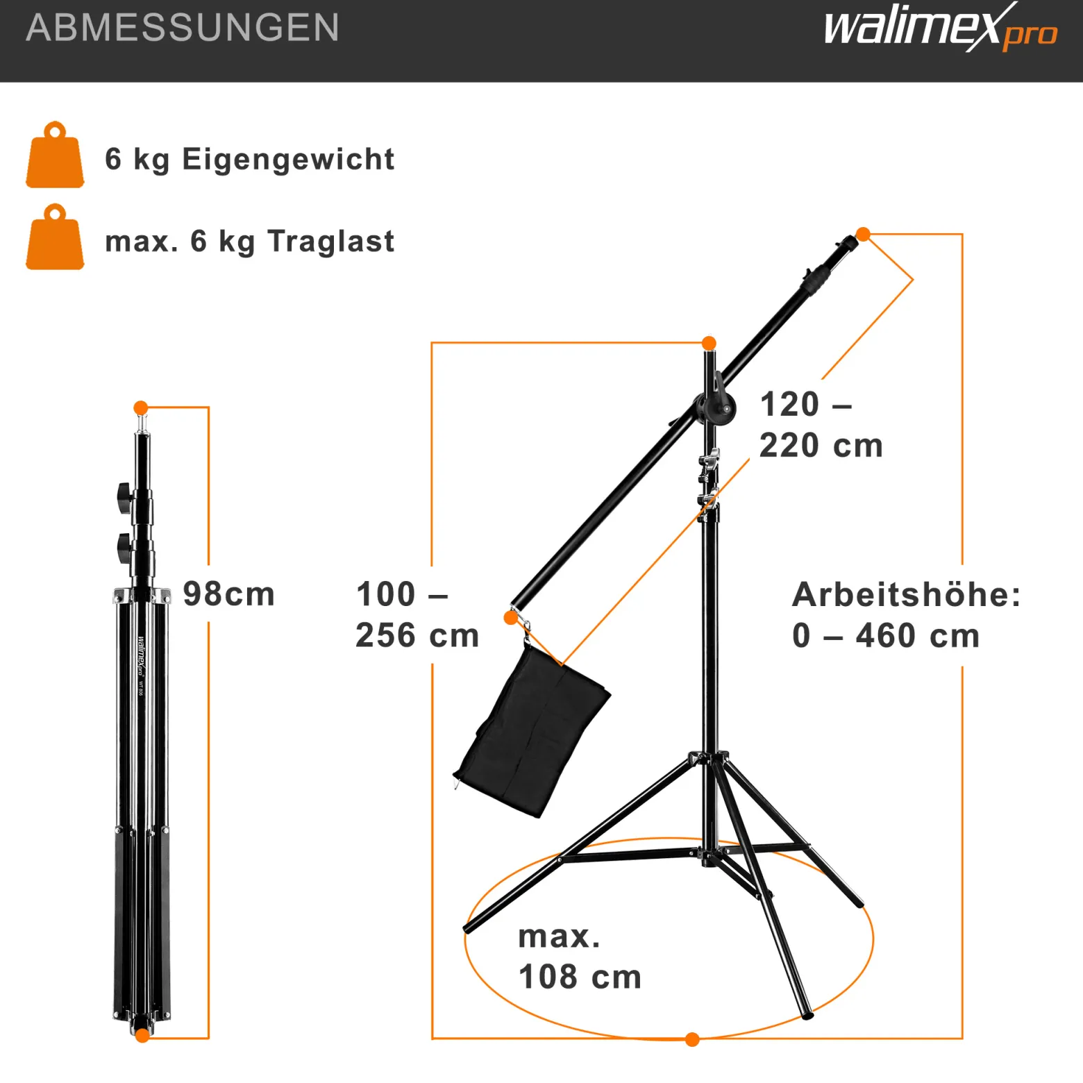 Walimex pro Galgenstativ mit Teleskoparm 120–220 cm und Beschwerungstasche, höhenverstellbares Lampenstativ bis 460 cm, Lichtstativ für Blitzgeräte, Softboxen, LED-Leuchten und Reflektoren