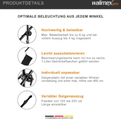 Walimex pro Galgenstativ mit Teleskoparm 120–220 cm und Beschwerungstasche, höhenverstellbares Lampenstativ bis 460 cm, Lichtstativ für Blitzgeräte, Softboxen, LED-Leuchten und Reflektoren
