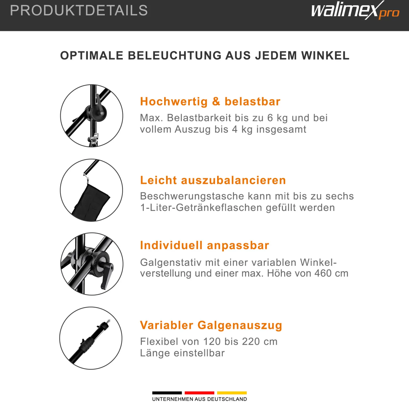 Walimex pro Galgenstativ mit Teleskoparm 120–220 cm und Beschwerungstasche, höhenverstellbares Lampenstativ bis 460 cm, Lichtstativ für Blitzgeräte, Softboxen, LED-Leuchten und Reflektoren