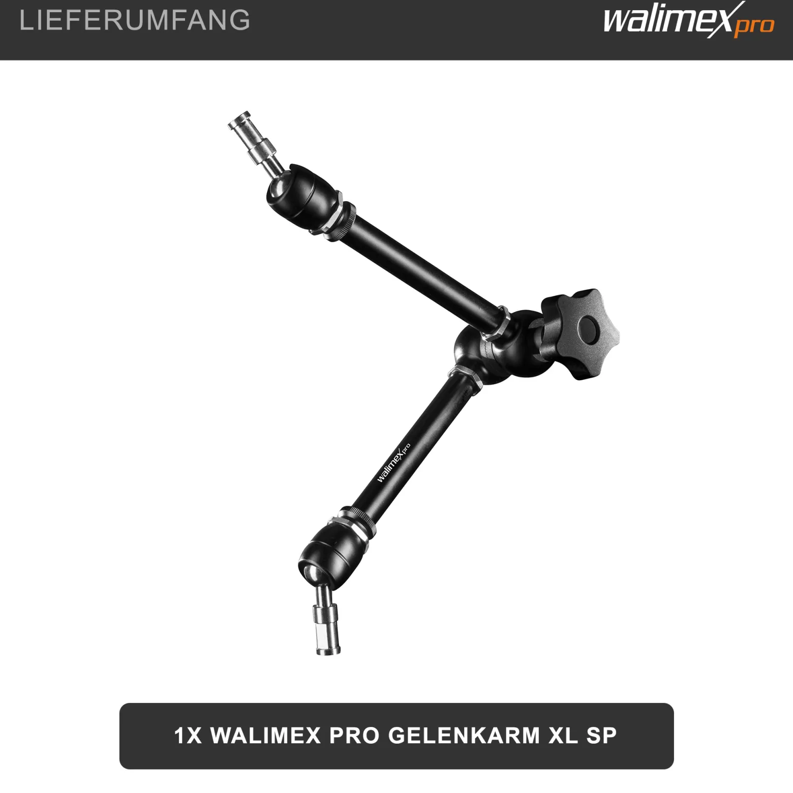 Walimex pro Gelenkarm XL SP – 530 x 80 x 80 mm – Stabiler Friktionsarm mit 5kg Belastbarkeit und 53cm Länge – für DSLRs, Videokameras, Beleuchtung- mit 5/8" Spigotanschlüssen und zentraler Rasterung