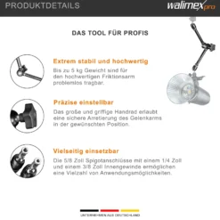 Walimex pro Gelenkarm XL SP – 530 x 80 x 80 mm – Stabiler Friktionsarm mit 5kg Belastbarkeit und 53cm Länge – für DSLRs, Videokameras, Beleuchtung- mit 5/8