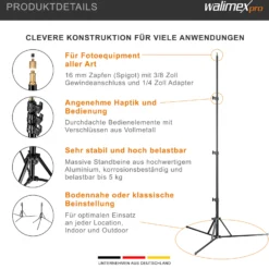 Walimex pro GN-806 Lampenstativ bis 215 cm Arbeitshöhe, Lichtstativ bis 5 kg Traglast, höhenverstellbares Blitzstativ aus Aluminium für Fotostudio und Mobil, für Video, Blitz, Softbox und Ringlicht