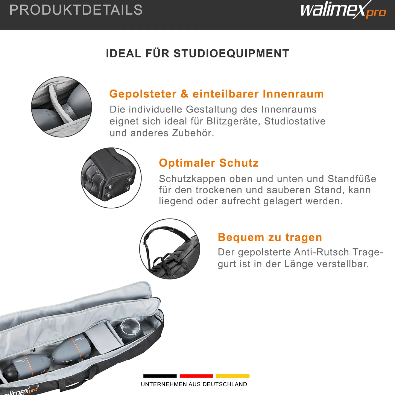 Walimex pro Guardian Studiotasche – 1100 x 220 x 220 mm – Tasche für Foto Equipment – mit Trenner, Polsterung, Gurt und Reißverschlüssen – Perfekter Schutz für Studioblitze und Kameras