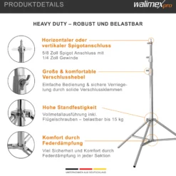 Walimex pro Heavy Duty Edelstahl Lampenstativ bis 15 kg belastbar, Lichtstativ höhenverstellbar bis 270 cm, Blitzstativ federgedämpft inkl. Tasche & Spigotadapter mit 1/4 & 3/8 Zoll Gewinde