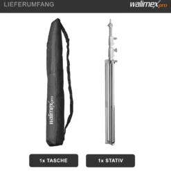 Walimex pro Heavy Duty Edelstahl Lampenstativ bis 15 kg belastbar, Lichtstativ höhenverstellbar bis 270 cm, Blitzstativ federgedämpft inkl. Tasche & Spigotadapter mit 1/4 & 3/8 Zoll Gewinde