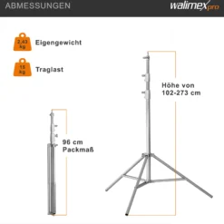 Walimex pro Heavy Duty Edelstahl Lampenstativ bis 15 kg belastbar, Lichtstativ höhenverstellbar bis 270 cm, Blitzstativ federgedämpft inkl. Tasche & Spigotadapter mit 1/4 & 3/8 Zoll Gewinde