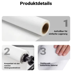 Walimex pro Hintergrundkarton 1,35 x 10 m weiß, robuster Fotohintergrund aus Karton, Fotoleinwand als Backdrop für Fotostudio, reflexfrei, strapazierfähig, ideal für Produktfotografie