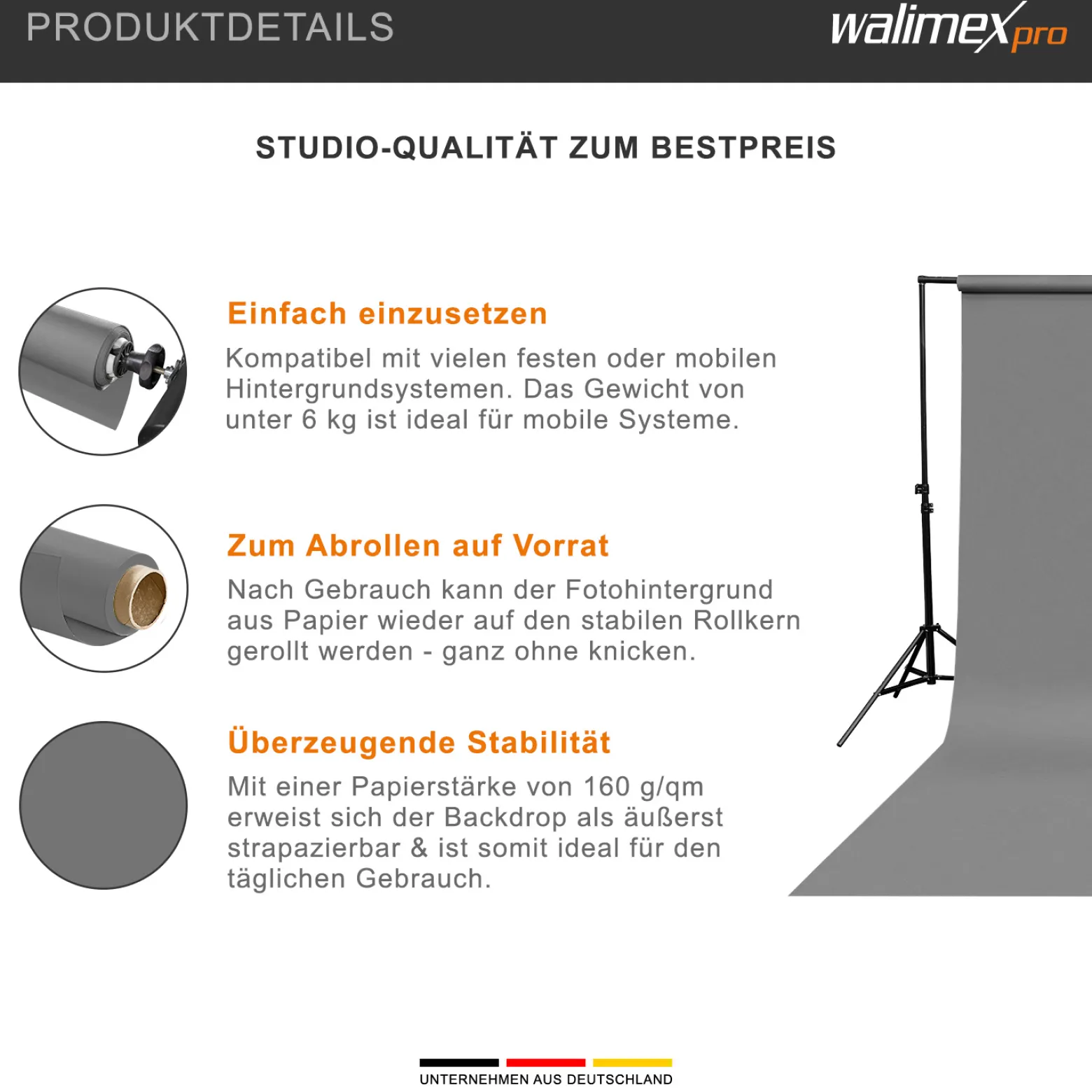 Walimex pro Hintergrundkarton 1,35 x 10 m grau, robuster Fotohintergrund aus Karton, Fotoleinwand als Backdrop für Fotostudio, reflexfrei, strapazierfähig, ideal für Produktfotografie