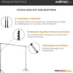 Walimex pro Hintergrundsystem XXL 190-465 cm breit, Hintergrundständer bis 400 cm Höhe, Lampenstative mit 5/8 Zoll Spigot, Hintergrund-Set für Fotografie, Video & Green Screen