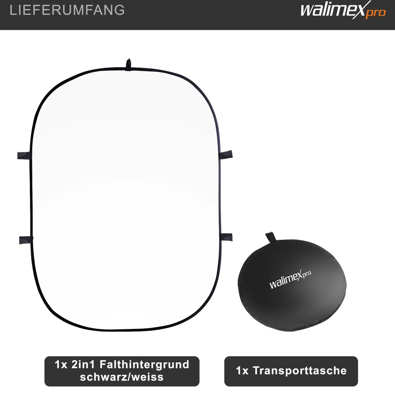 Walimex pro 2 in 1 Falthintergrund schwarz/weiß 150 x 200 cm, robuster Fotohintergrund mit stabilem Rahmen, faltbarer Hintergrund für Fotostudio mit Transporttasche