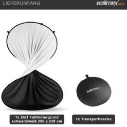 Walimex pro 2 in 1 Falthintergrund schwarz/weiß 200 x 230 cm, robuster Fotohintergrund mit Federring, faltbarer Hintergrund für Fotostudio mit Transporttasche