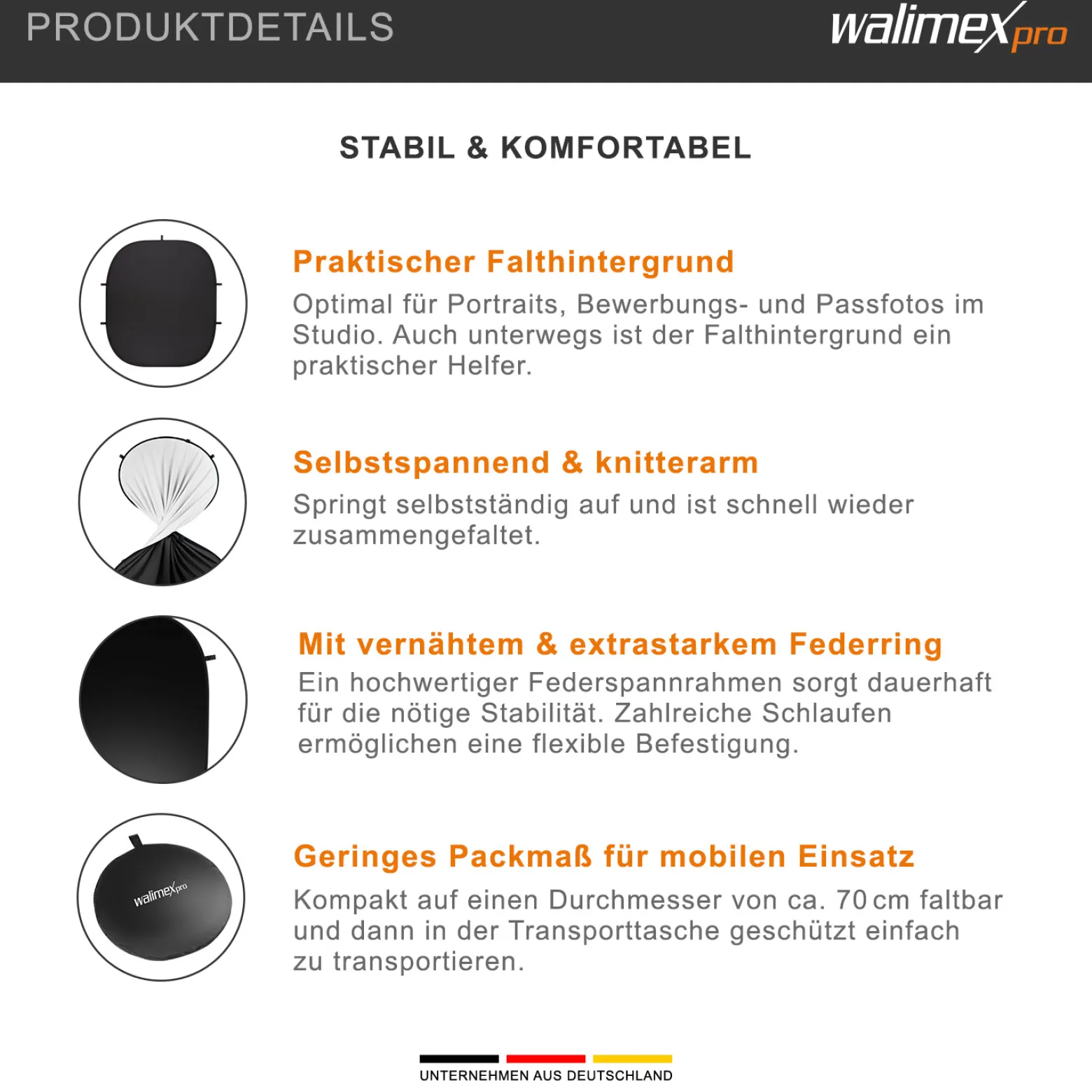 Walimex pro 2 in 1 Falthintergrund schwarz/weiß 200 x 230 cm, robuster Fotohintergrund mit Federring, faltbarer Hintergrund für Fotostudio mit Transporttasche