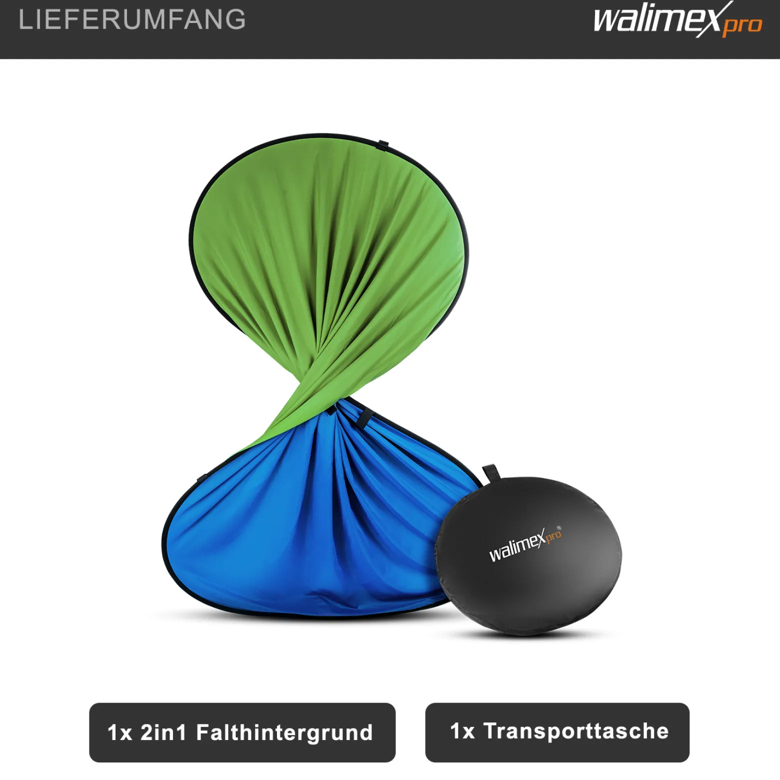Walimex pro 2 in 1 Falthintergrund grün/ blau 200 x 230 cm, robuster Fotohintergrund mit Federring, faltbarer Hintergrund für Fotostudio mit Transporttasche