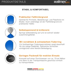 Walimex pro 2 in 1 Falthintergrund grau/ blau 180 x 200 cm, robuster Fotohintergrund mit Federring, faltbarer Hintergrund für Fotostudio mit Transporttasche