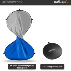 Walimex pro 2 in 1 Falthintergrund grau/ blau 180 x 200 cm, robuster Fotohintergrund mit Federring, faltbarer Hintergrund für Fotostudio mit Transporttasche