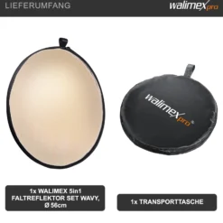 Walimex pro 5-in-1 Faltreflektor Set Ø 56 cm Wavy-Goldfarben Silberfarben Weiß Schwarz Transparent inkl. Transporttasche faltbarer Fotoreflektor