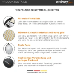 Walimex pro 5-in-1 Faltreflektor Set Ø 56 cm Wavy-Goldfarben Silberfarben Weiß Schwarz Transparent inkl. Transporttasche faltbarer Fotoreflektor
