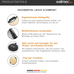 Walimex pro 5-in-1 Faltreflektor Set wavy comfort mit PopUp Funktion Ø 80 cm Wavy-Goldfarben Silberfarben Weiß Schwarz Transparent inkl. Transporttasche