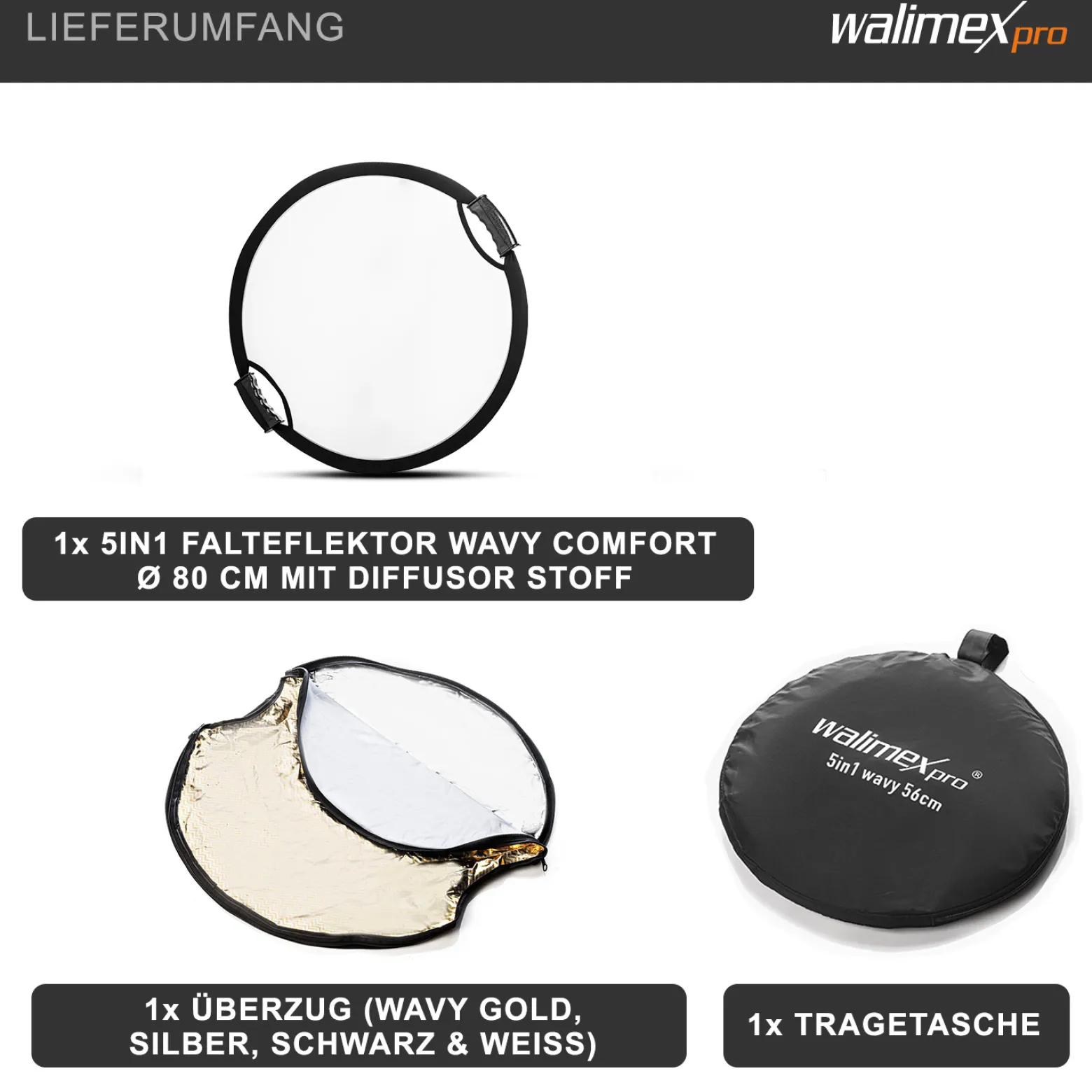 Walimex pro 5-in-1 Faltreflektor Set wavy comfort mit PopUp Funktion Ø 80 cm Wavy-Goldfarben Silberfarben Weiß Schwarz Transparent inkl. Transporttasche