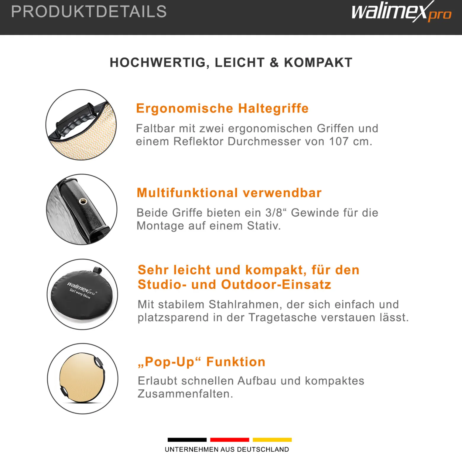 Walimex pro 5-in-1 Faltreflektor Set wavy comfort mit Pop up Funktion Ø 107 cm Wavy-Goldfarben Silberfarben Weiß Schwarz Transparent inkl. Transporttasche