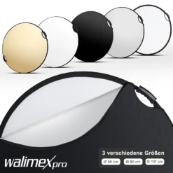 Walimex pro 5-in-1 Faltreflektor Set wavy comfort mit Pop up Funktion Ø 107 cm Wavy-Goldfarben Silberfarben Weiß Schwarz Transparent inkl. Transporttasche