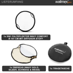 Walimex pro 5-in-1 Faltreflektor Set wavy comfort mit Pop up Funktion Ø 107 cm Wavy-Goldfarben Silberfarben Weiß Schwarz Transparent inkl. Transporttasche