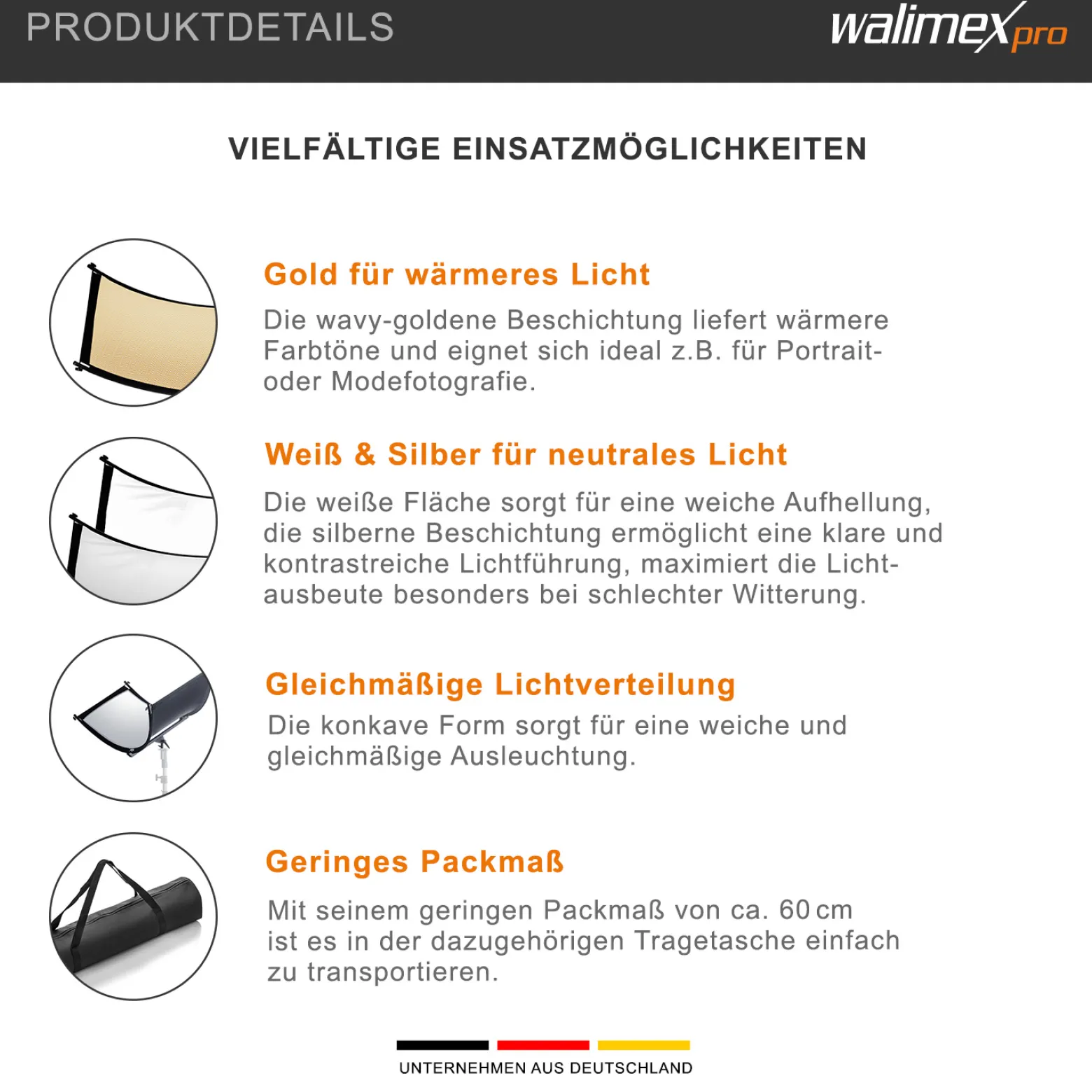 Walimex pro 3in1 Reflektor Halfpipe konkav 150 x 60 cm, silberfarben/weiß/goldfarben, Beauty & Fashion Lichtformer