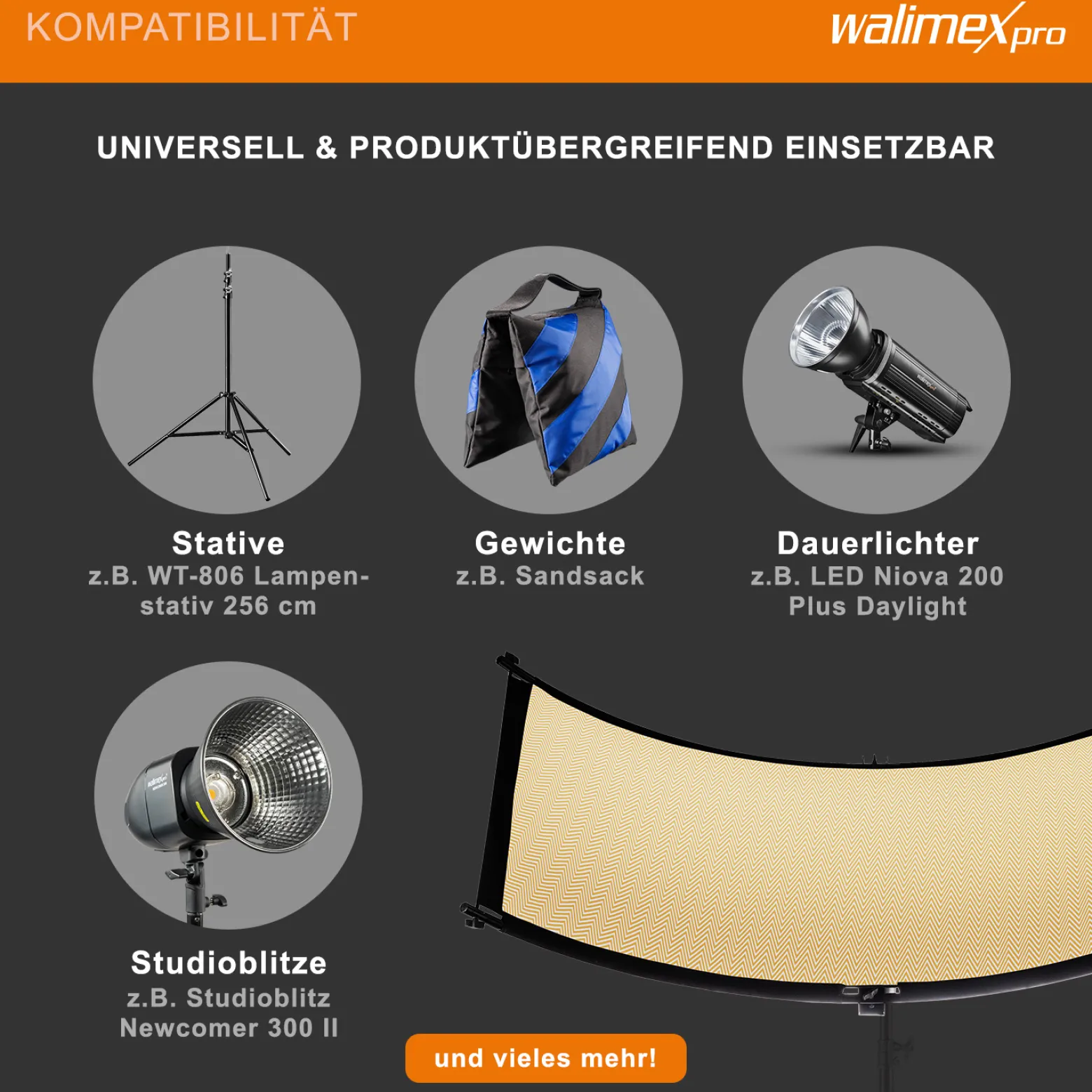 Walimex pro 3in1 Reflektor Halfpipe konkav 150 x 60 cm, silberfarben/weiß/goldfarben, Beauty & Fashion Lichtformer