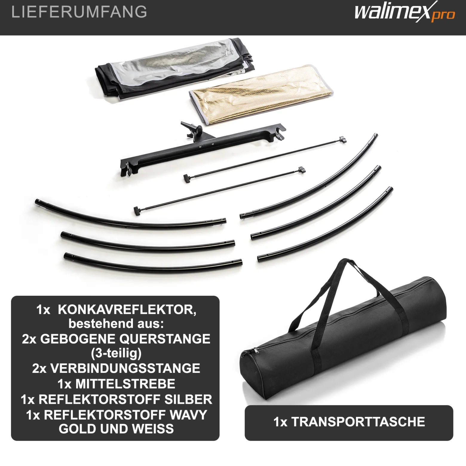 Walimex pro 3in1 Reflektor Halfpipe konkav 150 x 60 cm, silberfarben/weiß/goldfarben, Beauty & Fashion Lichtformer