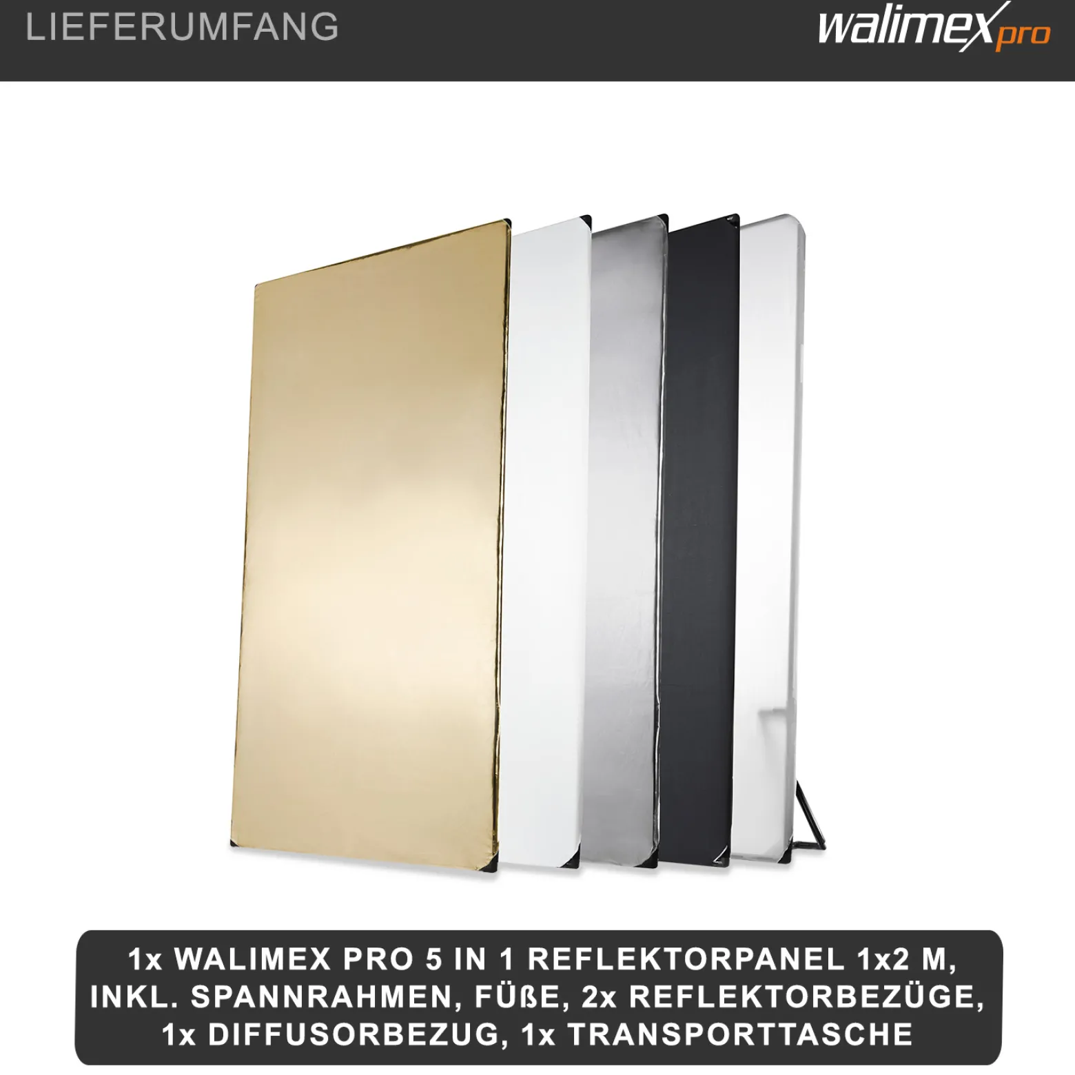 Walimex pro 5-in-1 Reflektorpanel 100 x 200 cm, Reflektor Fotografie mit 5 Lichtcharakteristiken schwarz, weiß, gold-, silberfarben, Durchlicht und Diffusor