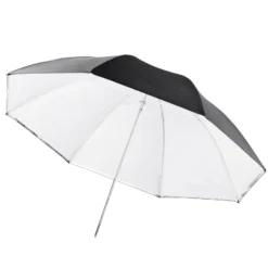 Walimex pro 2in1 Reflex- und Durchlichtschirm weiß, Fotoschirm 109 cm Durchmesser, robuster Reflexschirm mit Stange und Spitze aus Metall, Lichtformer für weiche Lichtcharakteristik