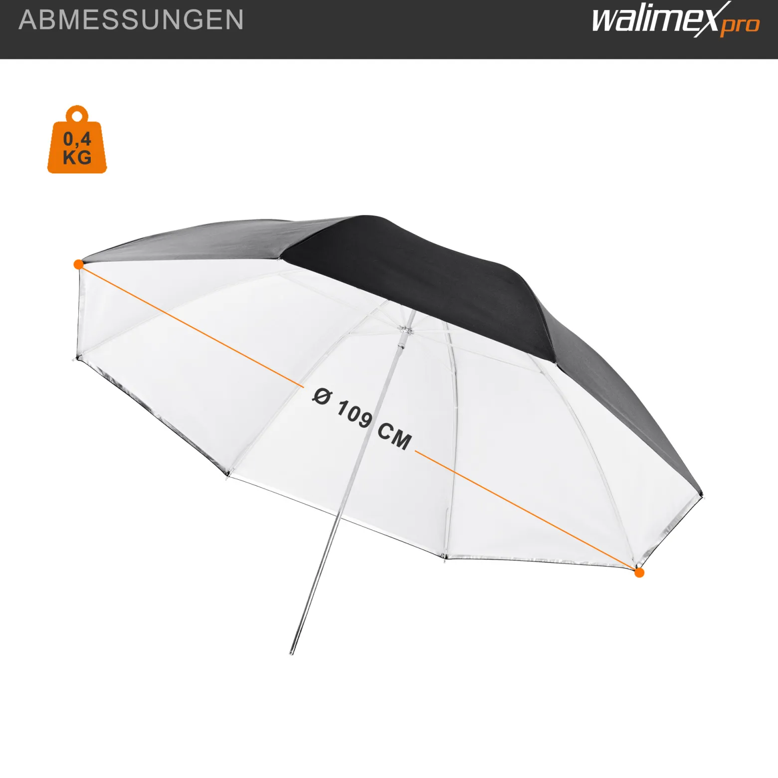 Walimex pro 2in1 Reflex- und Durchlichtschirm weiß, Fotoschirm 109 cm Durchmesser, robuster Reflexschirm mit Stange und Spitze aus Metall, Lichtformer für weiche Lichtcharakteristik