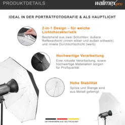 Walimex pro 2in1 Reflex- und Durchlichtschirm weiß, Fotoschirm 109 cm Durchmesser, robuster Reflexschirm mit Stange und Spitze aus Metall, Lichtformer für weiche Lichtcharakteristik